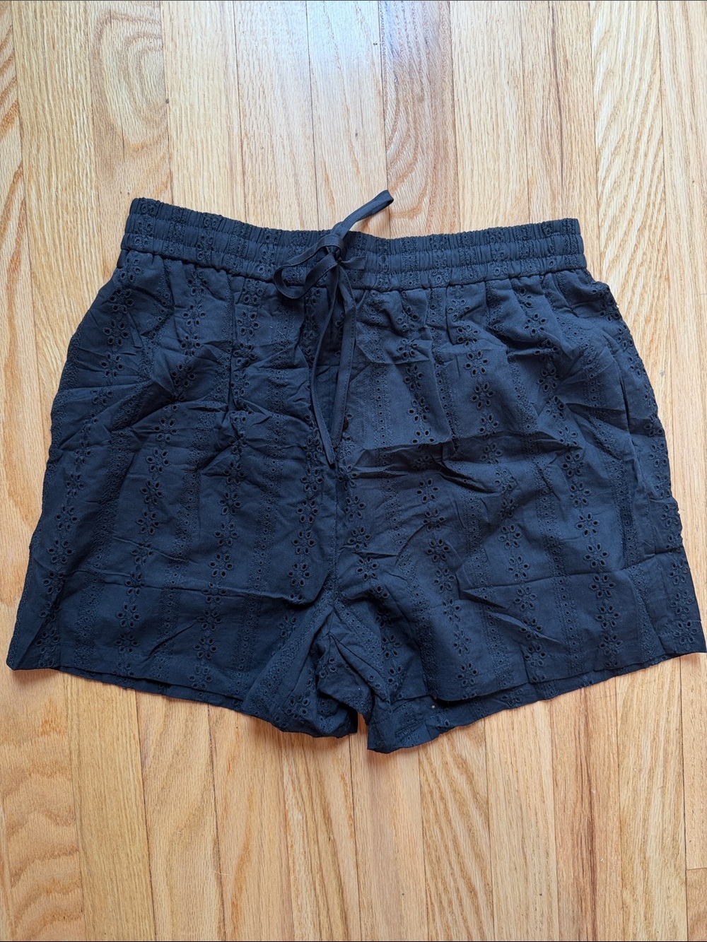 High-Waist Black Eyelet Drawstring Shorts